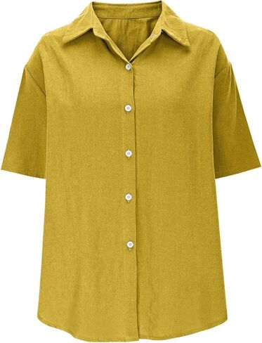 Women Linen Button Down Short Sleeve Lapel Collar Blouse Ladies Summer Casual Dressy V Neck Beach Cotton Shirt Tops in Kuwait
