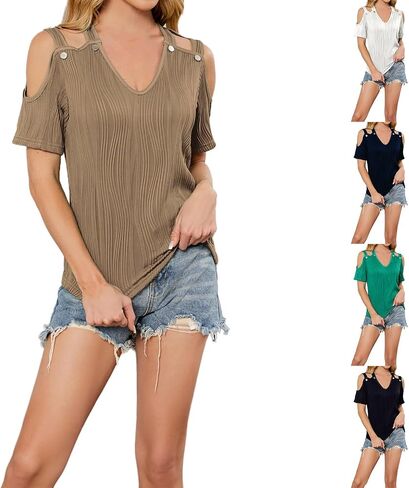 Womens Knit Cut Out Crisscross Cold Shoulder Tops Summer Casual Trendy Shirts Sexy Dressy Textured Blouse Tshirts in Saudi Arabia