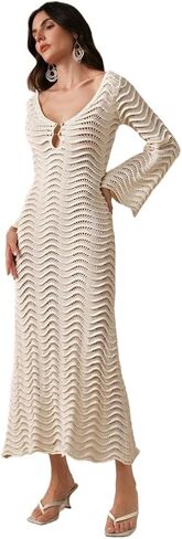 swimsuit coverup for women Knit Hollow Out Shaped Sleeve Beach Sweater Dress in Saudi Arabia