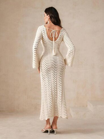 swimsuit coverup for women Knit Hollow Out Shaped Sleeve Beach Sweater Dress in Saudi Arabia