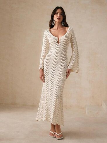 swimsuit coverup for women Knit Hollow Out Shaped Sleeve Beach Sweater Dress in Saudi Arabia