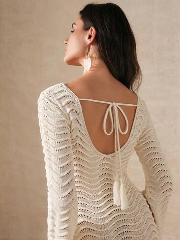 swimsuit coverup for women Knit Hollow Out Shaped Sleeve Beach Sweater Dress in Saudi Arabia