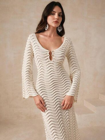 swimsuit coverup for women Knit Hollow Out Shaped Sleeve Beach Sweater Dress in Saudi Arabia