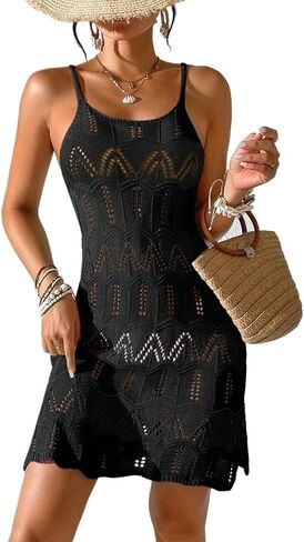 swimsuit coverup for women Sleeveless Boho Beach Outfits Hollow Out Knit Slip Dress in Saudi Arabia