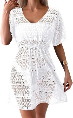 swimsuit coverup for women Short Sleeve Hollow Out Drawstring Waist Cover Up Dress in Saudi Arabia