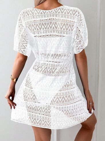 swimsuit coverup for women Short Sleeve Hollow Out Drawstring Waist Cover Up Dress in Saudi Arabia