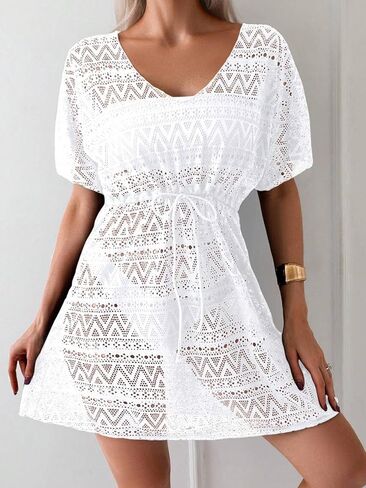 swimsuit coverup for women Short Sleeve Hollow Out Drawstring Waist Cover Up Dress in Saudi Arabia