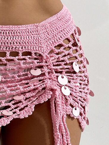 swimsuit coverup for women Sequin Hollow-Out Knit Cover-Up Mini Skirt, Summer in Saudi Arabia