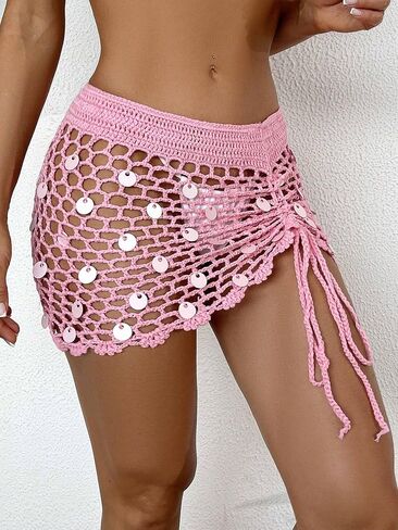 swimsuit coverup for women Sequin Hollow-Out Knit Cover-Up Mini Skirt, Summer in Saudi Arabia