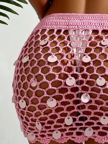 swimsuit coverup for women Sequin Hollow-Out Knit Cover-Up Mini Skirt, Summer in Saudi Arabia