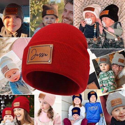 Custom Toddler Baby Beanies, Mama Mini Matching Hats, Leather Patch Baby Knit Hats, Winter Beanies for Infant, Kids Adults in Kuwait