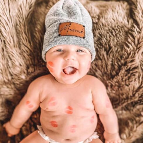 Custom Toddler Baby Beanies, Mama Mini Matching Hats, Leather Patch Baby Knit Hats, Winter Beanies for Infant, Kids Adults in Kuwait