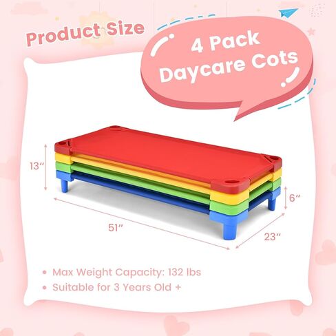 Stackable Daycare Cots for Kid -Pack of 6, Portable Preschool Cots, 52" L x 23" W, Ready-to-Assemble, Space-Saving Toddler Nap Cot for Sleeping, Resting, Naptime, Nursery in Kuwait