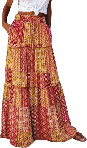 Women's Floral Print Midi Skirts 2025 Summer Aline Elastic High Waist Pleated Flowy Long Skirt Pockets Cute Skirts in Saudi Arabia