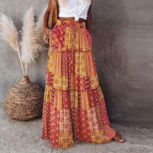 Women's Floral Print Midi Skirts 2025 Summer Aline Elastic High Waist Pleated Flowy Long Skirt Pockets Cute Skirts in Saudi Arabia