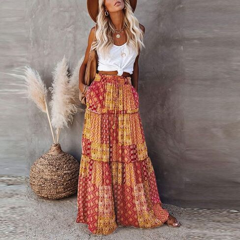 Women's Floral Print Midi Skirts 2025 Summer Aline Elastic High Waist Pleated Flowy Long Skirt Pockets Cute Skirts in Saudi Arabia