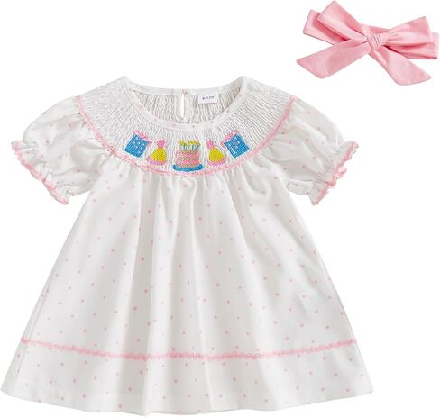 Toddler Baby Girl Birthday Outfit Cake Embroidery Smocked Dress Short Sleeve Princess Party Dresses Summer Clothes in Saudi Arabia