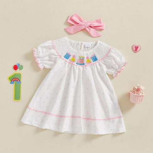 Toddler Baby Girl Birthday Outfit Cake Embroidery Smocked Dress Short Sleeve Princess Party Dresses Summer Clothes in Saudi Arabia
