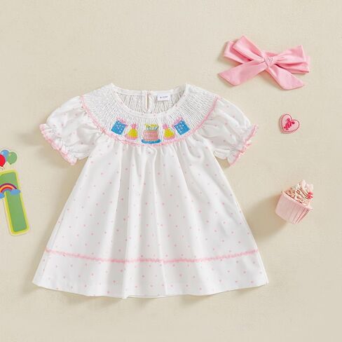 Toddler Baby Girl Birthday Outfit Cake Embroidery Smocked Dress Short Sleeve Princess Party Dresses Summer Clothes in Saudi Arabia