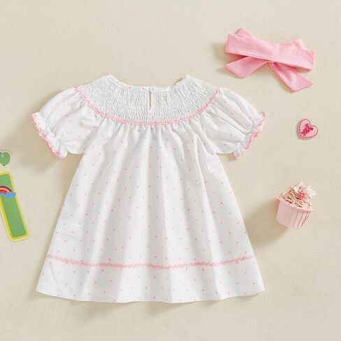Toddler Baby Girl Birthday Outfit Cake Embroidery Smocked Dress Short Sleeve Princess Party Dresses Summer Clothes in Saudi Arabia