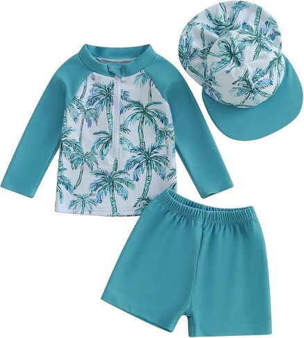 Toddler Baby Boys Swimsuit Set Rash Guard Zipper Long Sleeve with Shorts Hat Swimming Suit Shark Print Bathing Suit in Kuwait