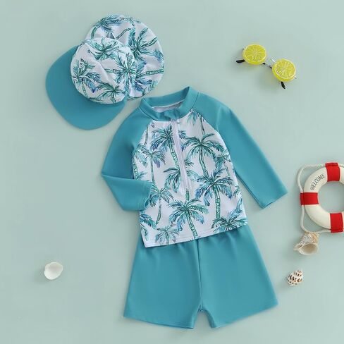 Toddler Baby Boys Swimsuit Set Rash Guard Zipper Long Sleeve with Shorts Hat Swimming Suit Shark Print Bathing Suit in Kuwait