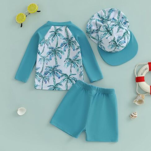 Toddler Baby Boys Swimsuit Set Rash Guard Zipper Long Sleeve with Shorts Hat Swimming Suit Shark Print Bathing Suit in Kuwait