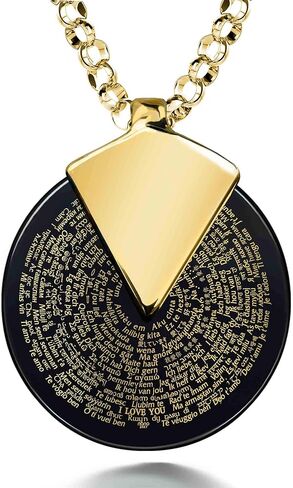 NanoStyle I Love You Necklace Pure Gold Inscribed in 120 Languages in Miniature Text onto a Spinning Round Black Onyx Gemstone Pendant for Birthday Gift, 18" Rolo Chain in Kuwait
