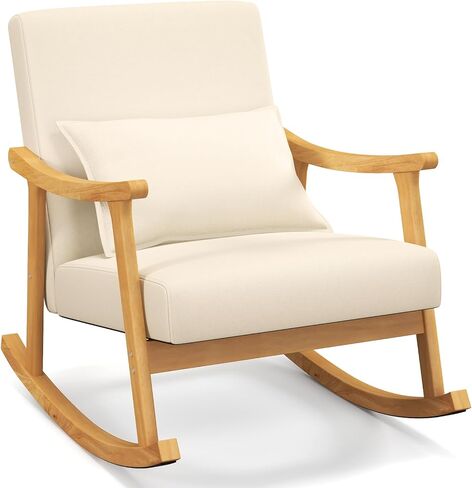 GOFLAME Nursery Rocking Chair, Upholstered Rocker Glider Chair with Lumbar Pillow, High Backrest & Padded Seat Cushion, Recliner Accent Armchair with Rubber Wood Frame for Living Room, Bedroom, Beige in Saudi Arabia