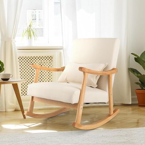 GOFLAME Nursery Rocking Chair, Upholstered Rocker Glider Chair with Lumbar Pillow, High Backrest & Padded Seat Cushion, Recliner Accent Armchair with Rubber Wood Frame for Living Room, Bedroom, Beige in Saudi Arabia