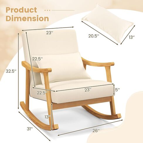 GOFLAME Nursery Rocking Chair, Upholstered Rocker Glider Chair with Lumbar Pillow, High Backrest & Padded Seat Cushion, Recliner Accent Armchair with Rubber Wood Frame for Living Room, Bedroom, Beige in Saudi Arabia