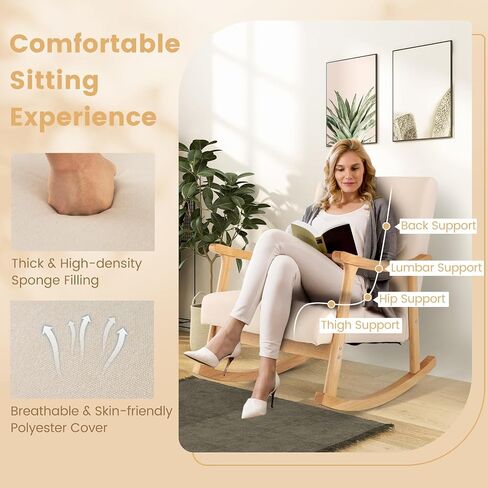 GOFLAME Nursery Rocking Chair, Upholstered Rocker Glider Chair with Lumbar Pillow, High Backrest & Padded Seat Cushion, Recliner Accent Armchair with Rubber Wood Frame for Living Room, Bedroom, Beige in Saudi Arabia