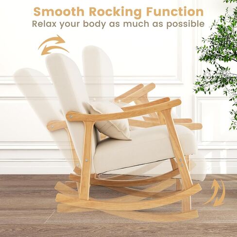 GOFLAME Nursery Rocking Chair, Upholstered Rocker Glider Chair with Lumbar Pillow, High Backrest & Padded Seat Cushion, Recliner Accent Armchair with Rubber Wood Frame for Living Room, Bedroom, Beige in Saudi Arabia