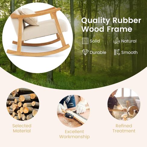 GOFLAME Nursery Rocking Chair, Upholstered Rocker Glider Chair with Lumbar Pillow, High Backrest & Padded Seat Cushion, Recliner Accent Armchair with Rubber Wood Frame for Living Room, Bedroom, Beige in Saudi Arabia