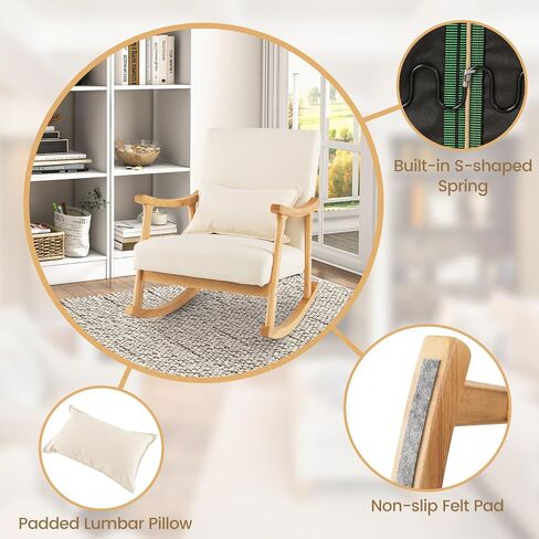 GOFLAME Nursery Rocking Chair, Upholstered Rocker Glider Chair with Lumbar Pillow, High Backrest & Padded Seat Cushion, Recliner Accent Armchair with Rubber Wood Frame for Living Room, Bedroom, Beige in Saudi Arabia
