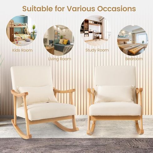 GOFLAME Nursery Rocking Chair, Upholstered Rocker Glider Chair with Lumbar Pillow, High Backrest & Padded Seat Cushion, Recliner Accent Armchair with Rubber Wood Frame for Living Room, Bedroom, Beige in Saudi Arabia