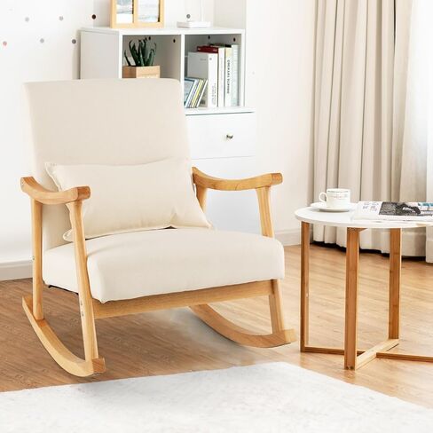 GOFLAME Nursery Rocking Chair, Upholstered Rocker Glider Chair with Lumbar Pillow, High Backrest & Padded Seat Cushion, Recliner Accent Armchair with Rubber Wood Frame for Living Room, Bedroom, Beige in Saudi Arabia