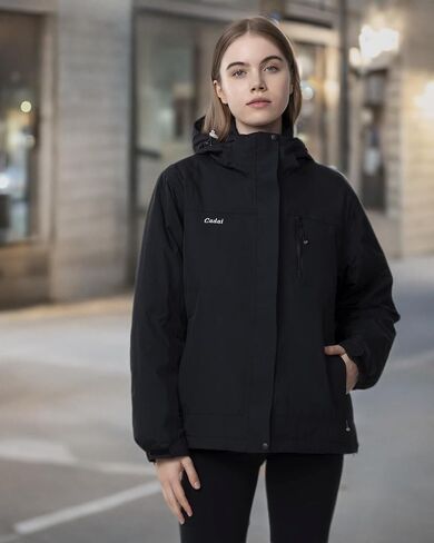 Cadai Women's 3-in-1 Heated Jacket with Battery Pack 5.2V, 8000mm H2O Waterproof Heated Coat with Removable Hood, for Skiing in Saudi Arabia