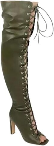 Liliana Women's Peep Toe Lace-Up Chunky Heel Over The Knee Boot in Saudi Arabia