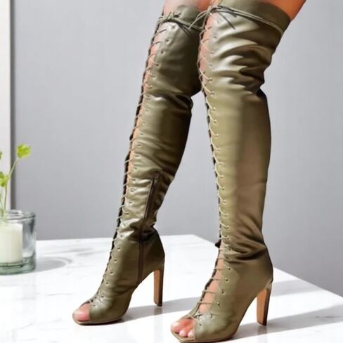Liliana Women's Peep Toe Lace-Up Chunky Heel Over The Knee Boot in Saudi Arabia