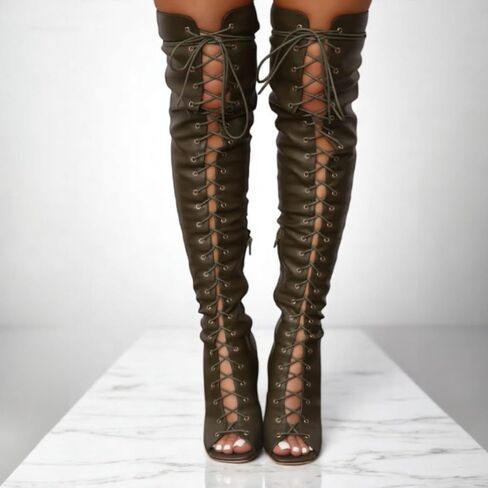 Liliana Women's Peep Toe Lace-Up Chunky Heel Over The Knee Boot in Saudi Arabia