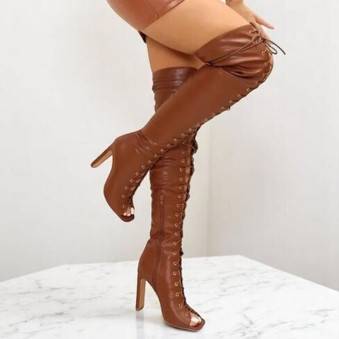 Liliana Women's Peep Toe Lace-Up Chunky Heel Over The Knee Boot in Saudi Arabia