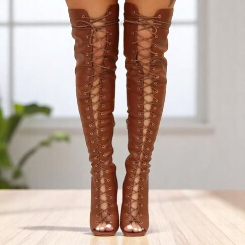 Liliana Women's Peep Toe Lace-Up Chunky Heel Over The Knee Boot in Saudi Arabia