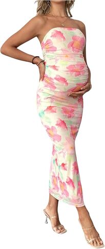 Milumia Women's Maternity Floral Mesh Strapless Tube Dress Sexy Split Thigh Bodycon Maxi Dress in Saudi Arabia