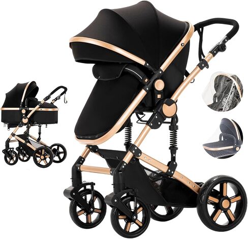 2 in 1 Baby Bassinet Stroller, Convertible Foldable Standard Stroller, Reversible Pushchair Infant Buggy Carriage, Portable High Landscape Pram for Toddler Newborn, Aluminum Alloy (2US588-BG) in Saudi Arabia