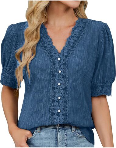 Womens Summer Casual V Neck Plain Lace Elegant Shirt Fashion Trendy Button Down Puff Sleeve Loose Fit Hollow Blouses in Saudi Arabia