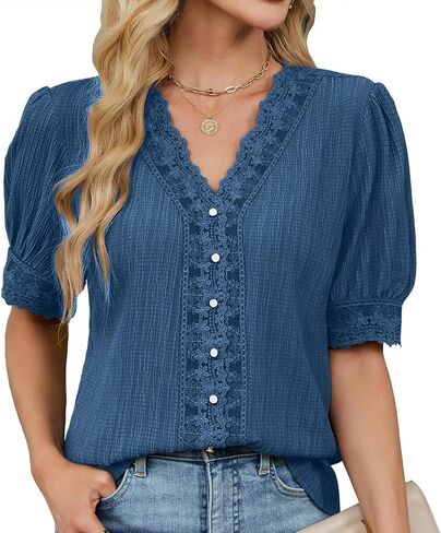 Womens Summer Casual V Neck Plain Lace Elegant Shirt Fashion Trendy Button Down Puff Sleeve Loose Fit Hollow Blouses in Saudi Arabia