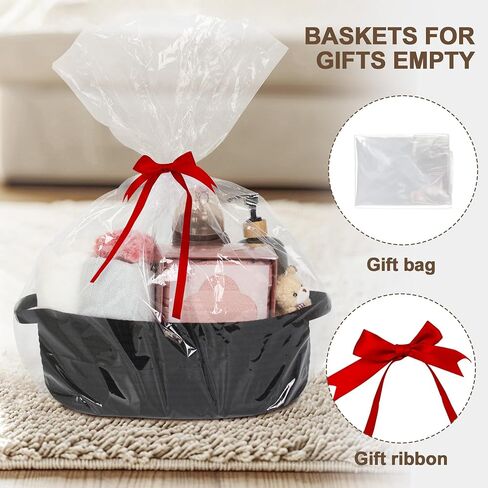 Small Baskets for Gifts Empty, 13"x 9"x 5" Woven Gift Basket with Bag and Ribbon, Cotton Rope Kids Dog Cat Toy Bin Box, Cute Baby Nursery Organizer, Decorative Storage with Handles (Black) in Saudi Arabia