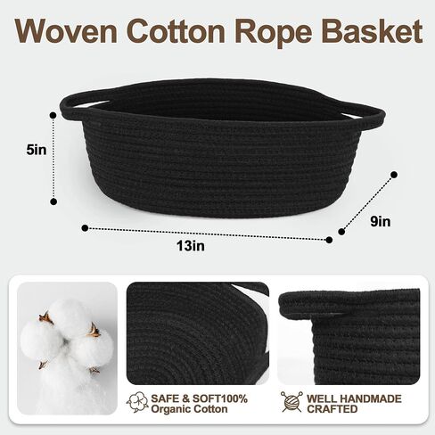 Small Baskets for Gifts Empty, 13"x 9"x 5" Woven Gift Basket with Bag and Ribbon, Cotton Rope Kids Dog Cat Toy Bin Box, Cute Baby Nursery Organizer, Decorative Storage with Handles (Black) in Saudi Arabia