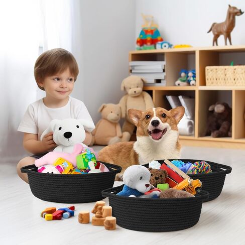 Small Baskets for Gifts Empty, 13"x 9"x 5" Woven Gift Basket with Bag and Ribbon, Cotton Rope Kids Dog Cat Toy Bin Box, Cute Baby Nursery Organizer, Decorative Storage with Handles (Black) in Saudi Arabia